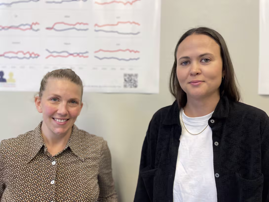 Bilde av to kvinner som smiler inn i kameraet, med grafer bak seg